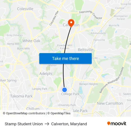 Stamp Student Union to Calverton, Maryland map