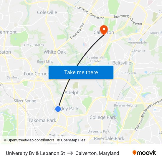 University Bv & Lebanon St to Calverton, Maryland map