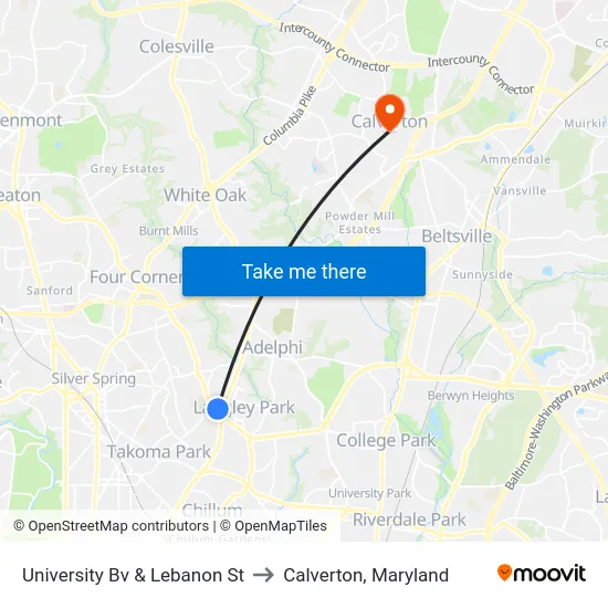 University Bv & Lebanon St to Calverton, Maryland map