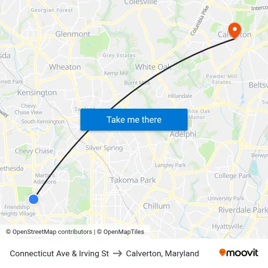 Connecticut Ave & Irving St to Calverton, Maryland map