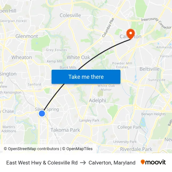 East West Hwy & Colesville Rd to Calverton, Maryland map