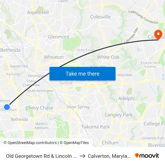 Old Georgetown Rd & Lincoln St to Calverton, Maryland map