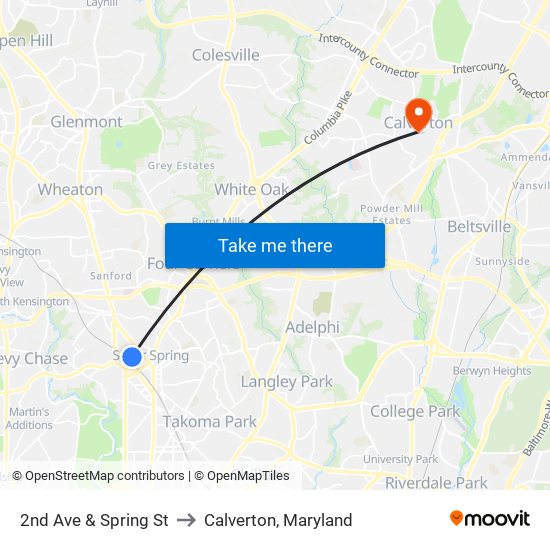 2nd Ave & Spring St to Calverton, Maryland map