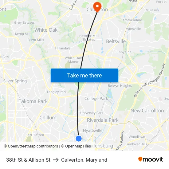 38th St & Allison St to Calverton, Maryland map