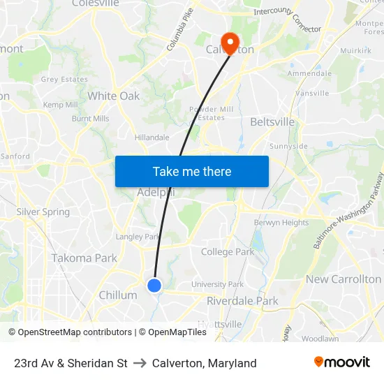 23rd Av & Sheridan St to Calverton, Maryland map