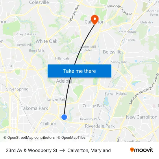 23rd Av & Woodberry St to Calverton, Maryland map