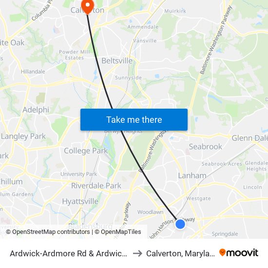 Ardwick-Ardmore Rd & Ardwick Pl to Calverton, Maryland map