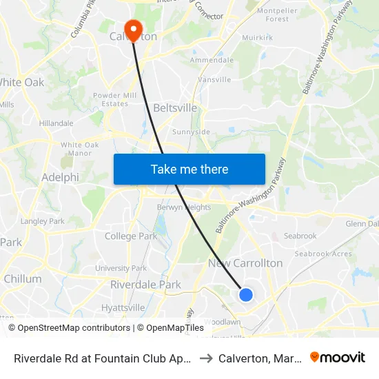 Riverdale Rd at Fountain Club Apartments to Calverton, Maryland map