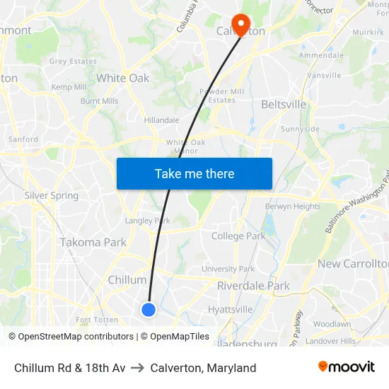 Chillum Rd & 18th Av to Calverton, Maryland map