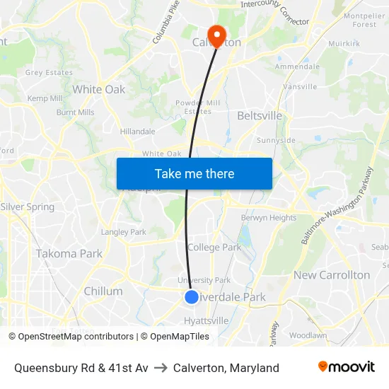 Queensbury Rd & 41st Av to Calverton, Maryland map