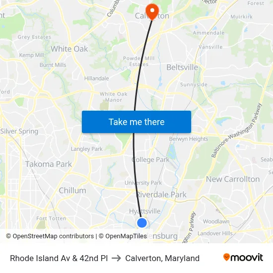 Rhode Island Av & 42nd Pl to Calverton, Maryland map