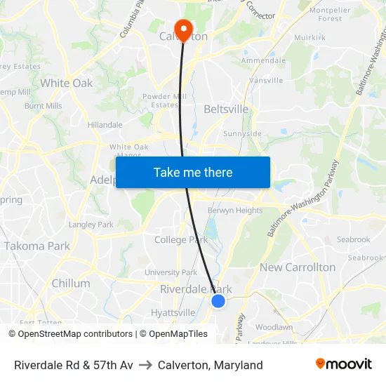 Riverdale Rd & 57th Av to Calverton, Maryland map