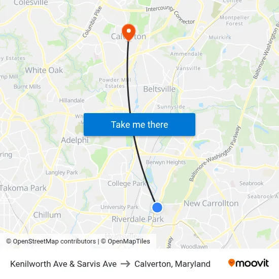 Kenilworth Ave & Sarvis Ave to Calverton, Maryland map