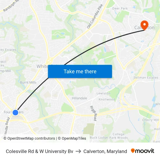 Colesville Rd & W University Bv to Calverton, Maryland map
