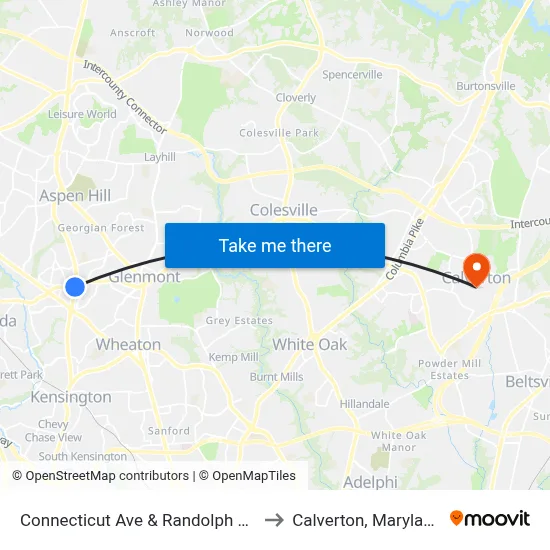 Connecticut Ave & Randolph Rd to Calverton, Maryland map