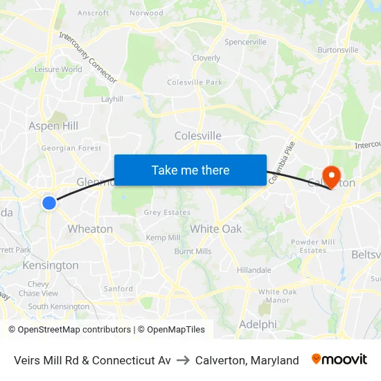Veirs Mill Rd & Connecticut Av to Calverton, Maryland map