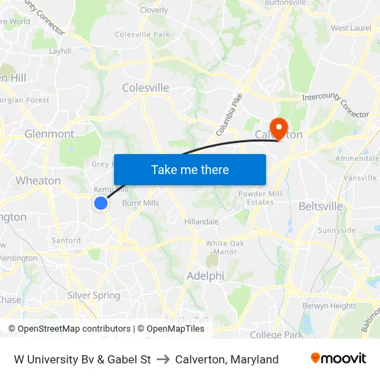 W University Bv & Gabel St to Calverton, Maryland map