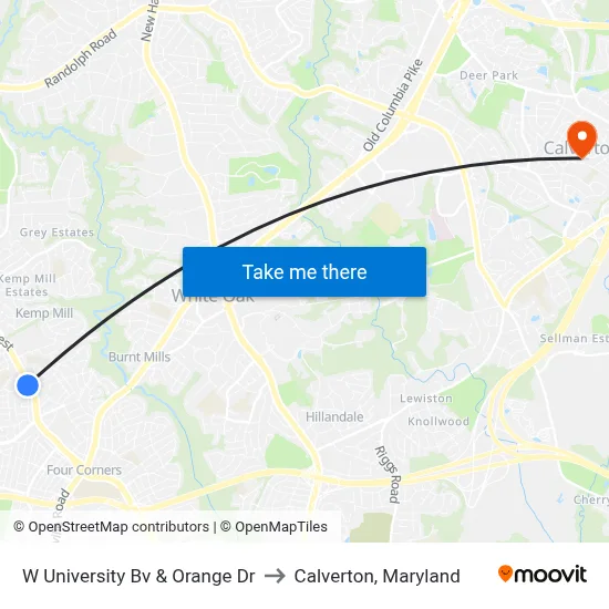 W University Bv & Orange Dr to Calverton, Maryland map