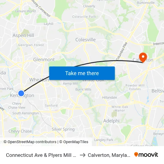 Connecticut Ave & Plyers Mill Rd to Calverton, Maryland map