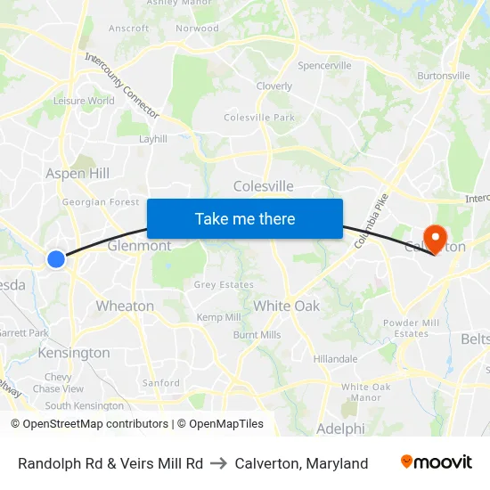 Randolph Rd & Veirs Mill Rd to Calverton, Maryland map