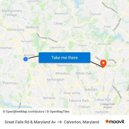 Great Falls Rd & Maryland Av to Calverton, Maryland map