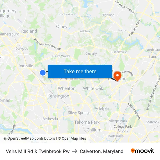 Veirs Mill Rd & Twinbrook Pw to Calverton, Maryland map