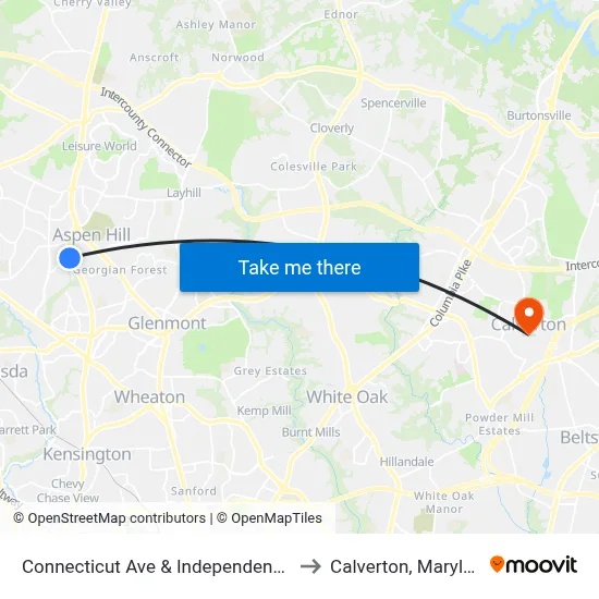 Connecticut Ave & Independence St to Calverton, Maryland map