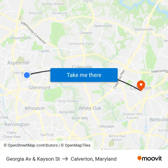 Georgia Av & Kayson St to Calverton, Maryland map