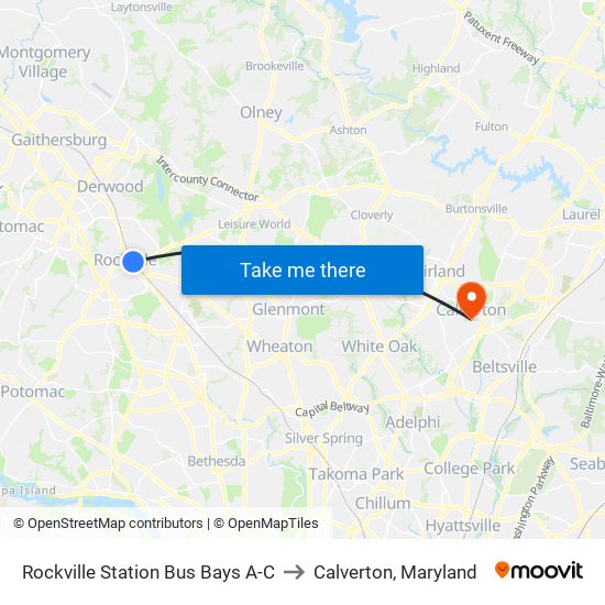 Rockville Station Bus Bays A-C to Calverton, Maryland map