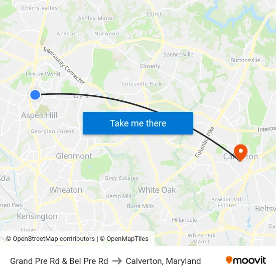 Grand Pre Rd & Bel Pre Rd to Calverton, Maryland map
