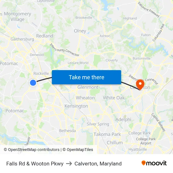 Falls Rd & Wooton Pkwy to Calverton, Maryland map