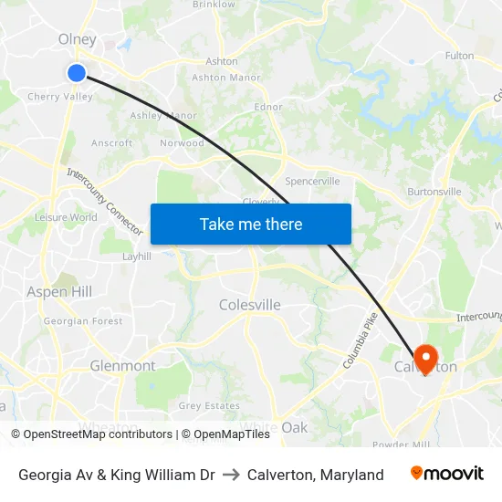 Georgia Av & King William Dr to Calverton, Maryland map