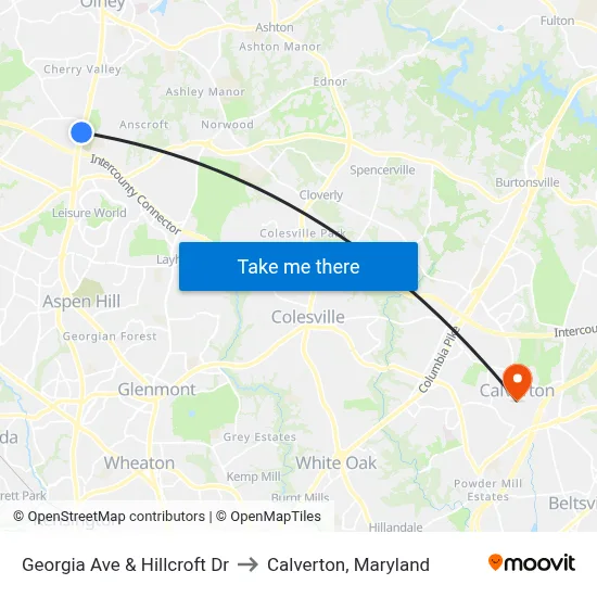 Georgia Ave & Hillcroft Dr to Calverton, Maryland map
