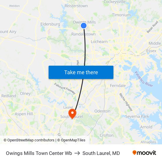 Owings Mills Town Center Wb to South Laurel, MD map