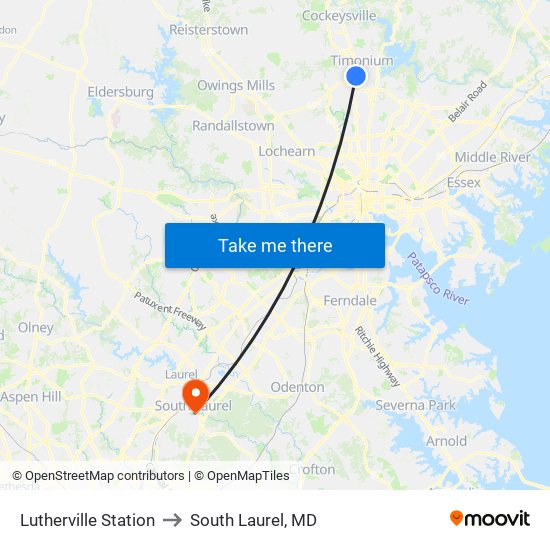 Lutherville Station to South Laurel, MD map