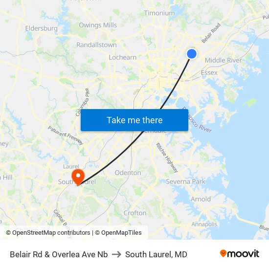 Belair Rd & Overlea Ave Nb to South Laurel, MD map