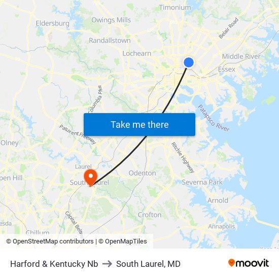 Harford & Kentucky Nb to South Laurel, MD map