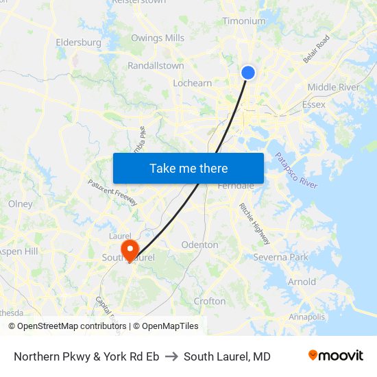 Northern Pkwy & York Rd Eb to South Laurel, MD map