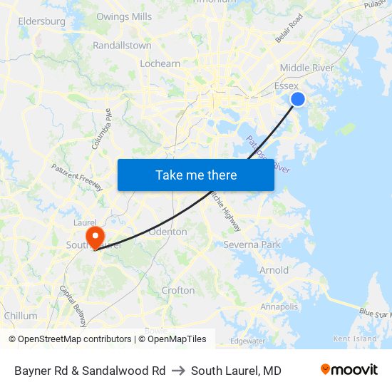 Bayner Rd & Sandalwood Rd to South Laurel, MD map