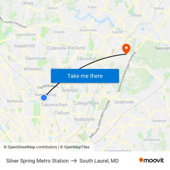 Silver Spring Metro Station to South Laurel, MD map