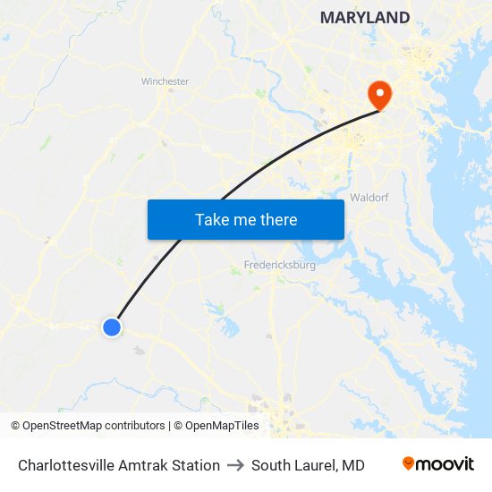 Charlottesville Amtrak Station to South Laurel, MD map