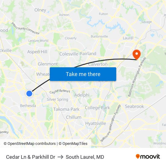 Cedar Ln & Parkhill Dr to South Laurel, MD map