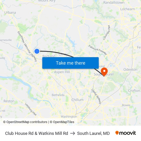 Club House Rd & Watkins Mill Rd to South Laurel, MD map