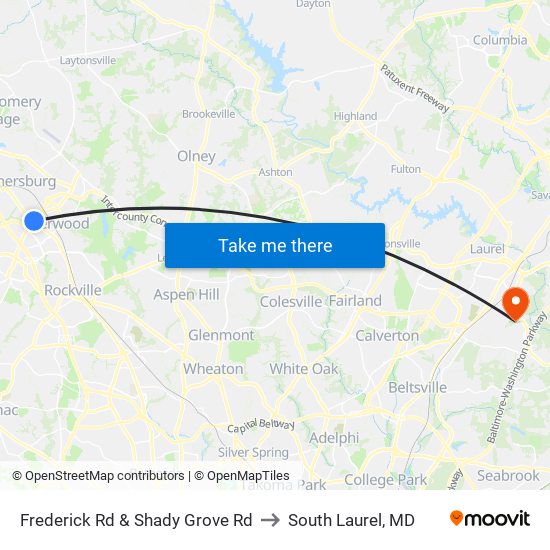 Frederick Rd & Shady Grove Rd to South Laurel, MD map