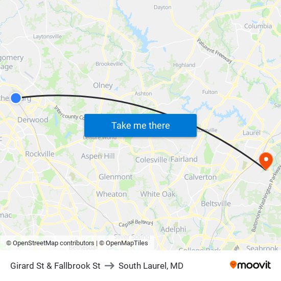 Girard St & Fallbrook St to South Laurel, MD map