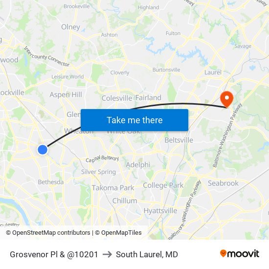 Grosvenor Pl & @10201 to South Laurel, MD map