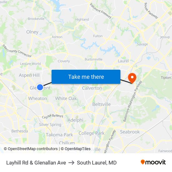 Layhill Rd & Glenallan Ave to South Laurel, MD map