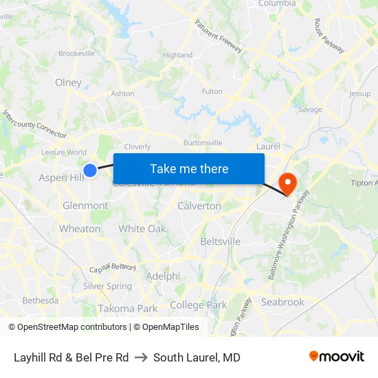 Layhill Rd & Bel Pre Rd to South Laurel, MD map