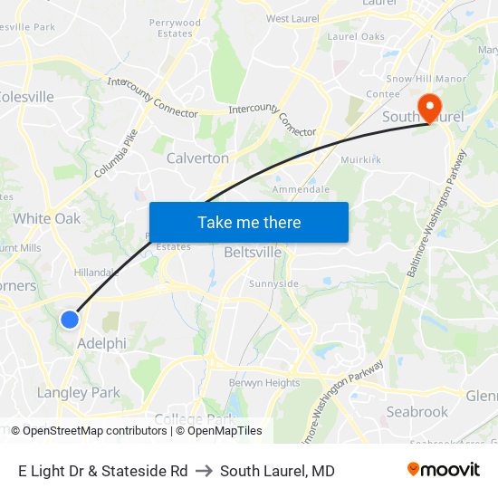 E Light Dr & Stateside Rd to South Laurel, MD map