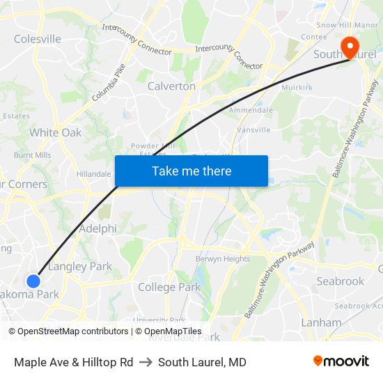 Maple Ave & Hilltop Rd to South Laurel, MD map